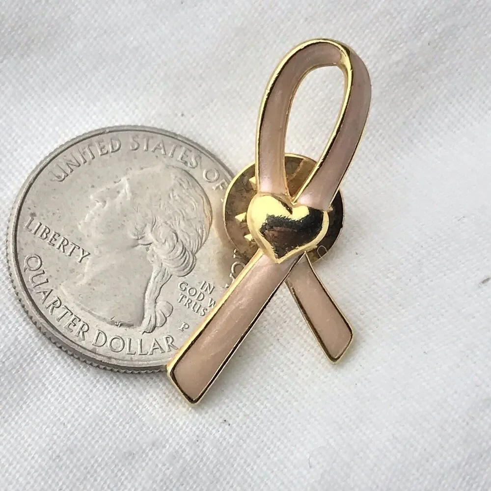 Pink Ribbon Breast Cancer Awareness Gold Tone Heart Enamel Pin Brooch